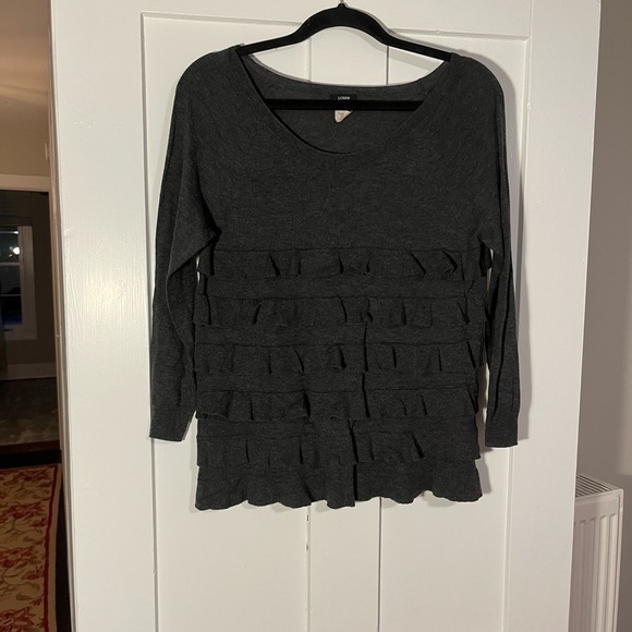 J. Crew Scoop Neck Gray Ruffle Sweater 3/4 Sleeves Small - Picture 1 of 3